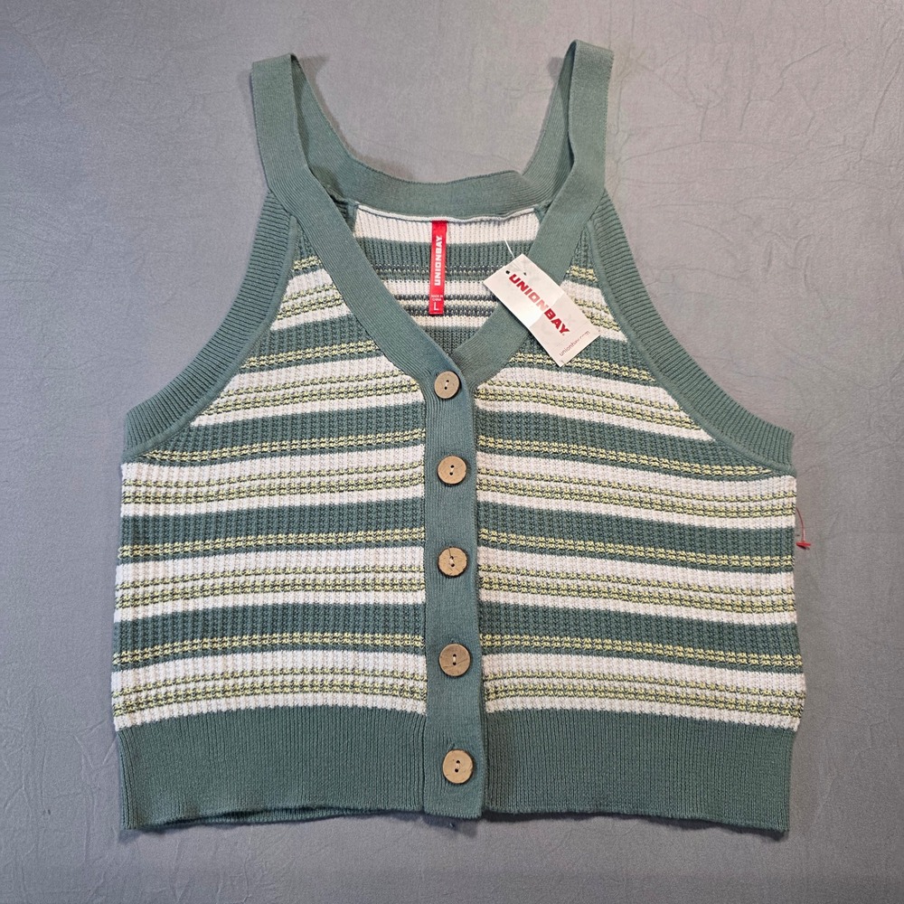 Unionbay Womens Striped Knit Sweater Tank Top Green White Cotton NWT Large
